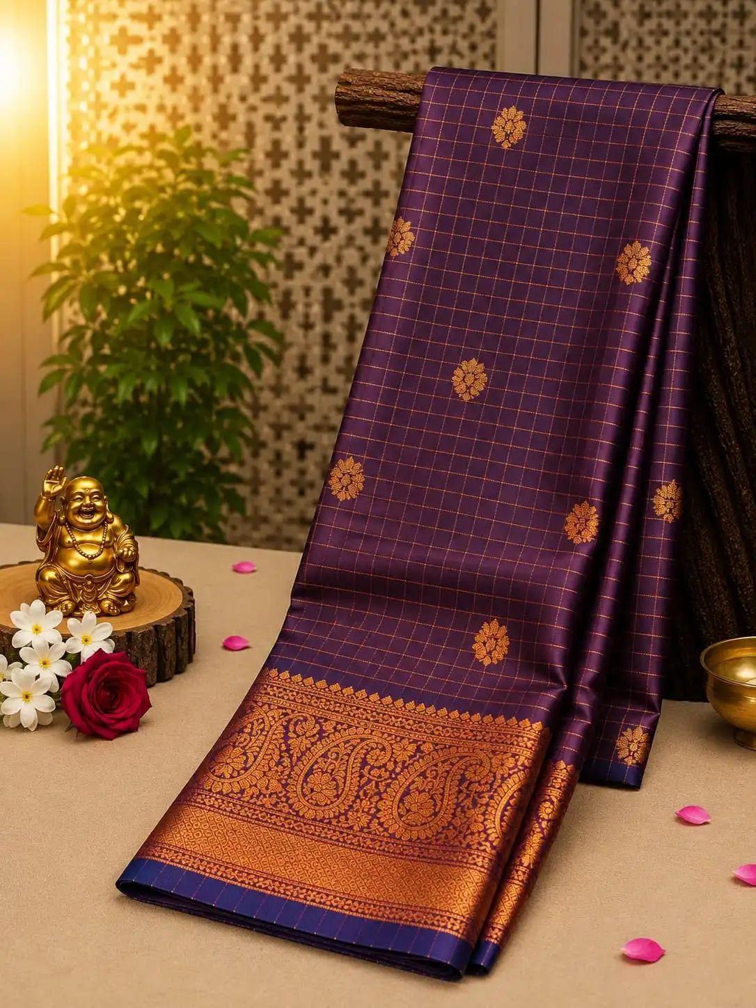 Deep Indigo Checked Pattern Flower Design Soft Silk Saree